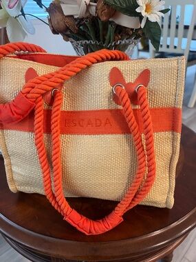 Escada Natural Straw Tote with Bright Orange Trim and Rope Handles